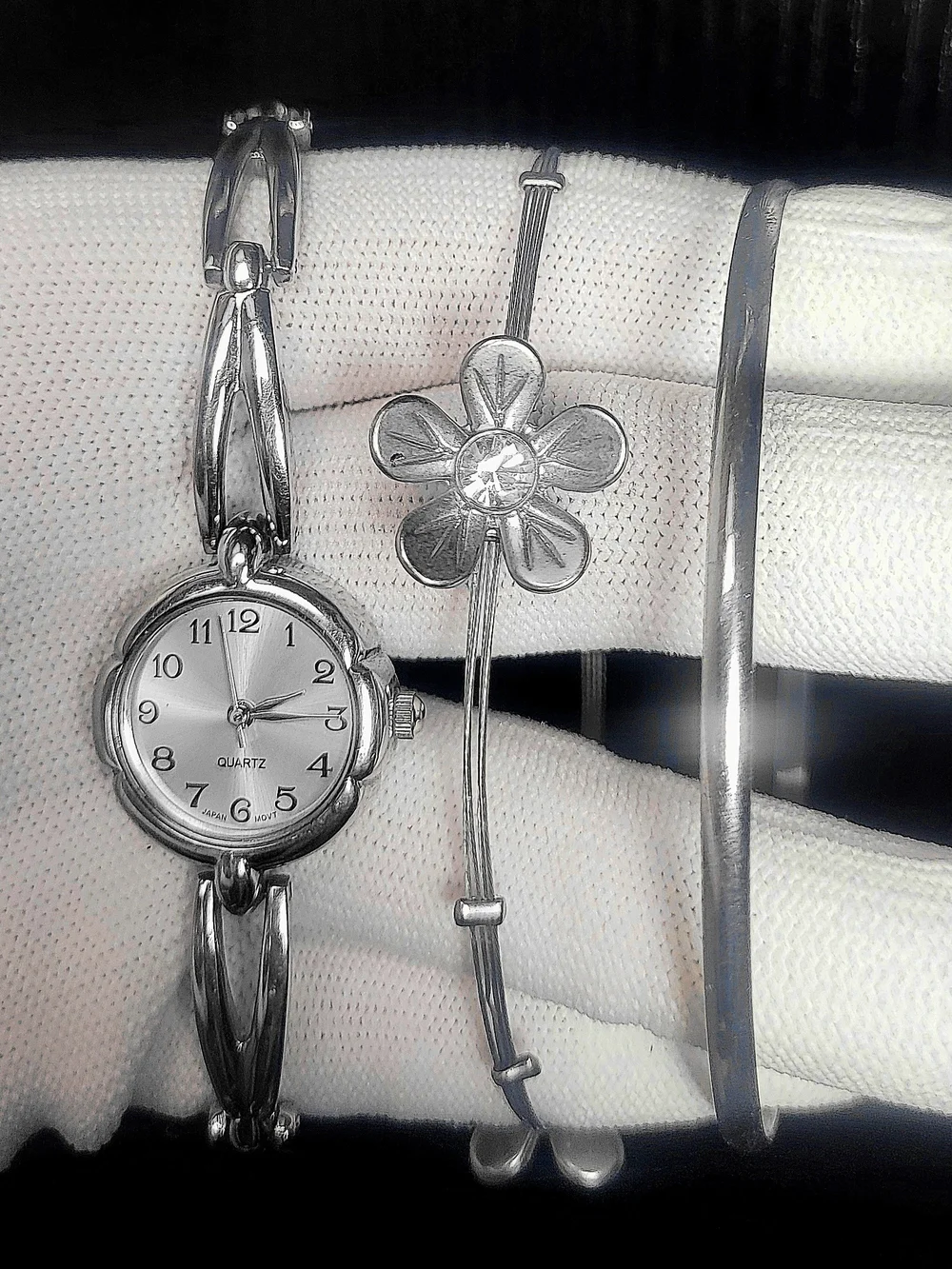 Silver Bangle Set Silver Watch And Bangles Fashion Set CostumeJewelry
